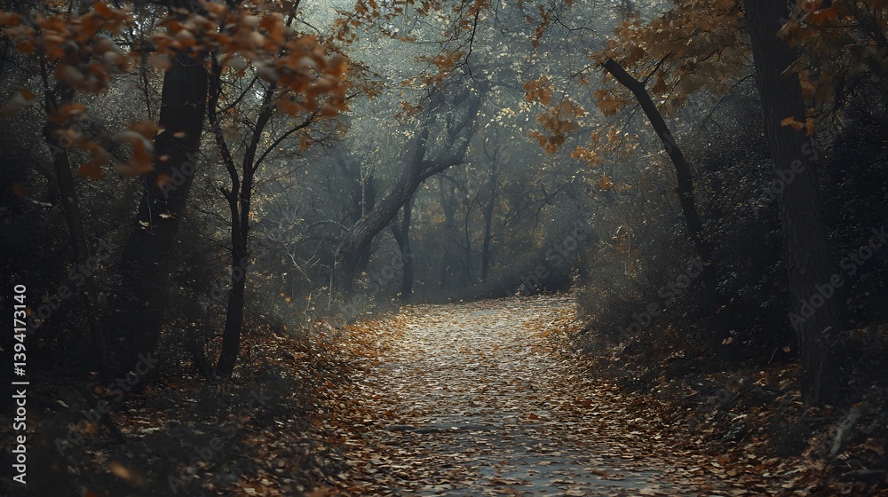 Fototapeta premium Autumnal Trail: A serene pathway winds its way through a misty, golden-hued forest, the air filled with the crisp, cool aroma of fallen leaves.