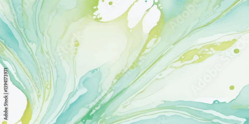 Soft and Ethereal Watercolor Painting Featuring a Harmonious Blend of Aquamarine Green Pastels and Subtle Gold Detailing, Set Against a Beautifully Fluid Marbled Background Texture