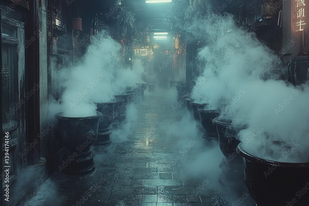 Fototapeta premium Misty alleyway filled with steaming pots