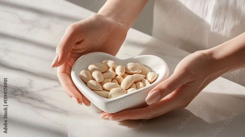 Obraz premium a pair of delicate female hands with well-manicured nails gently cradling a heart-shaped white ceramic plate filled with smooth, peeled almond nuts the soft, natural lighting casts subtle shadows,