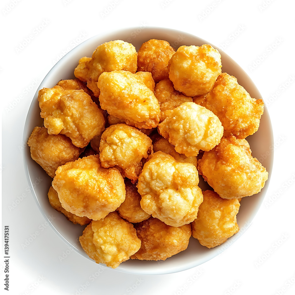 Golden and crispy cauliflower bites with a light batter and tender cauliflower inside, isolated white background, modern art style Golden and crispy cauliflower bites with a light batter and tender cauliflower inside, isolated white background, modern art style