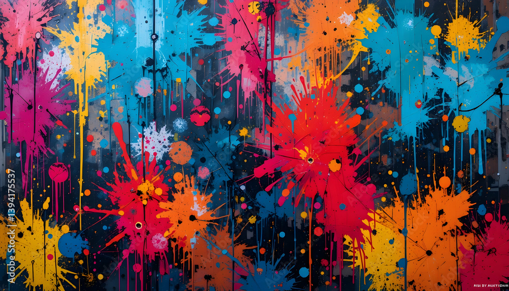 Vibrant paint splatters on a dark background creating an abstract expressionist art piece ideal for creative projects Vibrant paint splatters on a dark background creating an abstract expressionist art piece ideal for creative projects