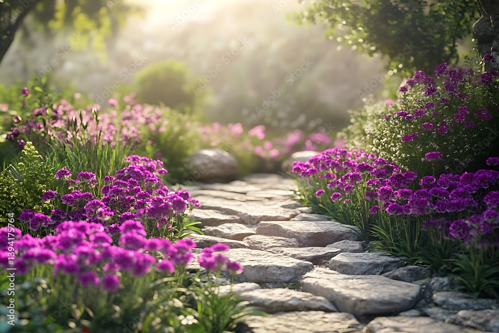 Fototapeta premium Serene Stone Path with Purple Flowers, Lush Greenery, and Bright Sunlight Landscape