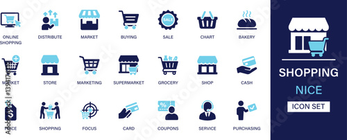 Shopping icon set collection. Online shopping, distribute, market, buying, sale, chart, bakery, store, supermarket, cash, price, purchasing and best solid icon set