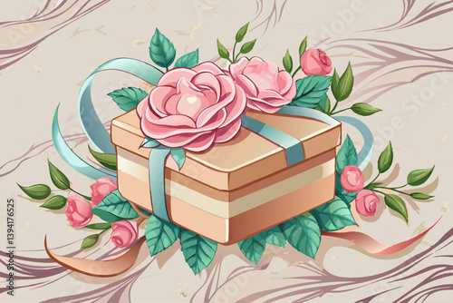 vector of Elegant box with pink satin ribbon and flowers on marble background.