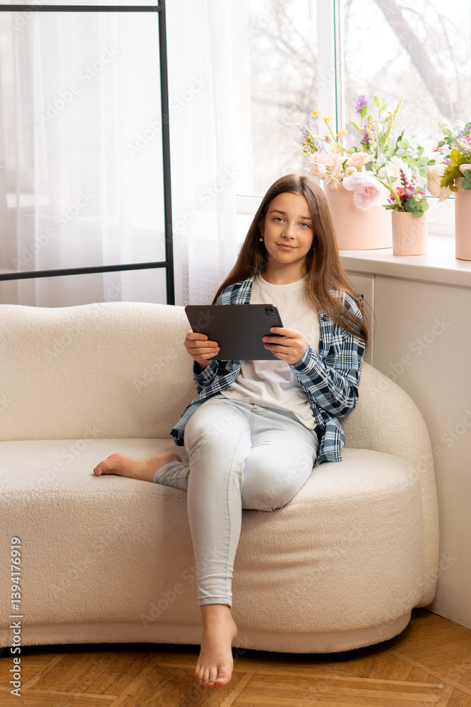 Teenage girl relaxing at home holding tablet near window. Concept of lifestyle, use technology Teenage girl relaxing at home holding tablet near window. Concept of lifestyle, use technology
