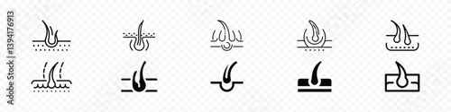 Hair and Skin Icon Set - Dermatology Symbols, Hair icon set, Hair care icon, Root growth care outline icons collection. Treatment and problems with hair. Hair follicle cosmetic icons