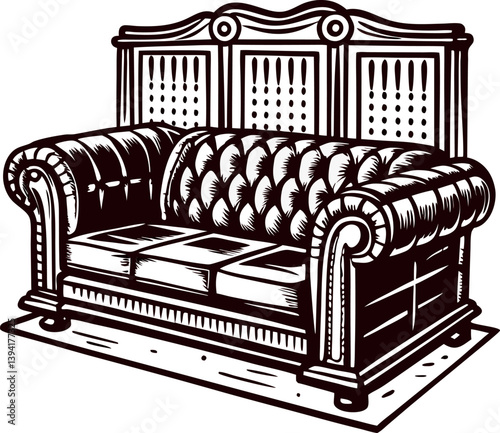 Vintage chesterfield sofa in elegant line art with ornate design elements.