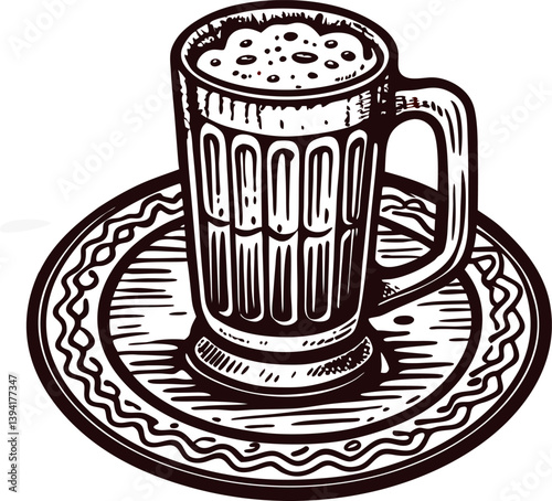 Intricate hand drawn beer mug on decorative plate with detailed etching.