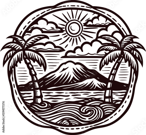 Tropical beach scene with palm trees and mountain under sunny sky.
