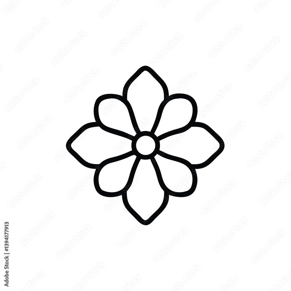 Simple Line Art Flower Design Eight Petals, Symmetrical, Black Simple Line Art Flower Design Eight Petals, Symmetrical, Black