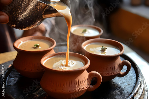 Pouring Steaming Tea into Clay Cups