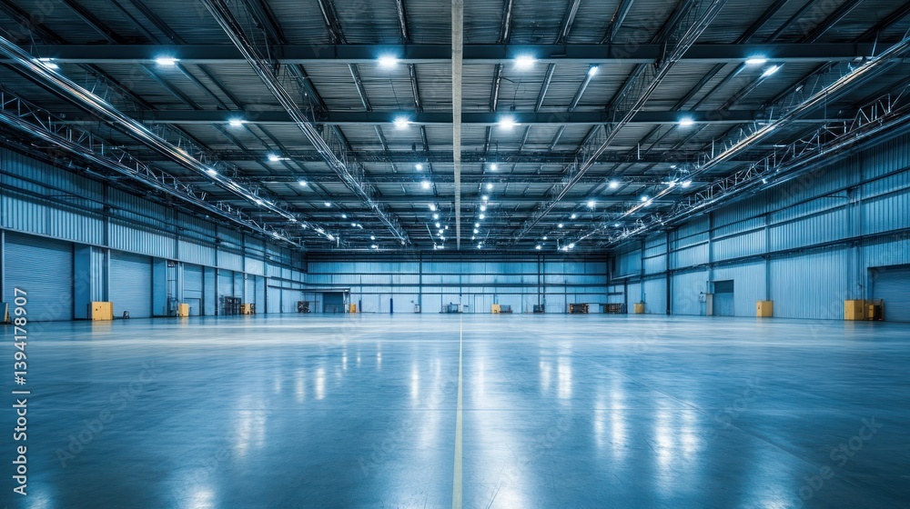 Vast, empty industrial warehouse interior with polished concrete floor and bright lighting. Vast, empty industrial warehouse interior with polished concrete floor and bright lighting.