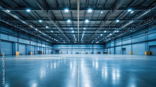 Vast, empty industrial warehouse interior with polished concrete floor and bright lighting.