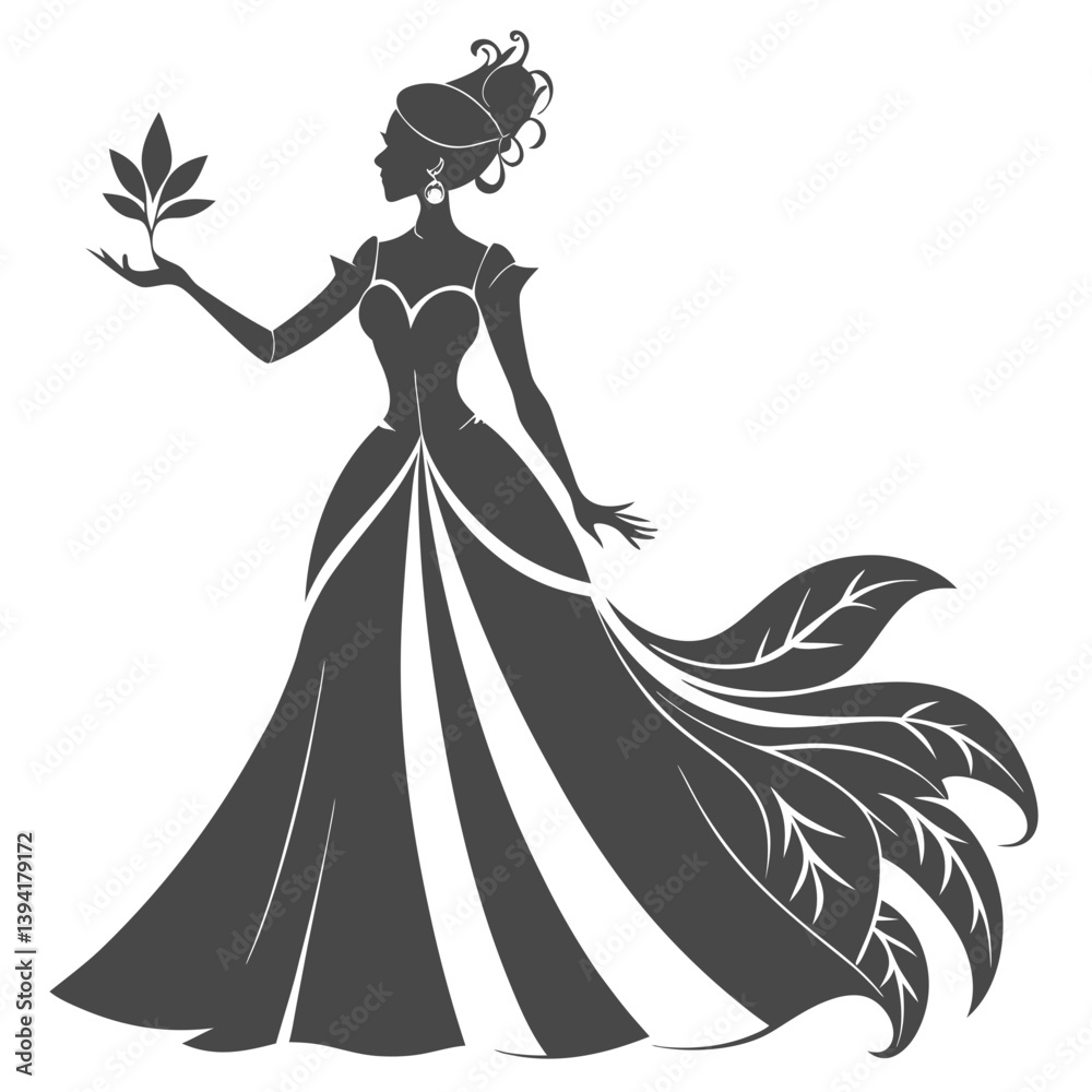 Elegant Silhouette of a Princess in a Flowing Gown Holding a Delicate Sprig Elegant Silhouette of a Princess in a Flowing Gown Holding a Delicate Sprig