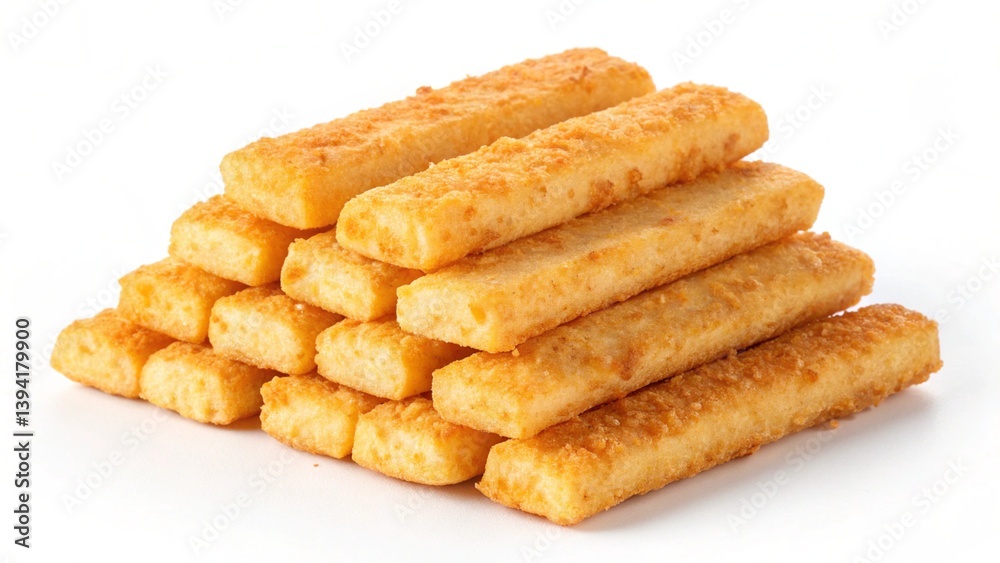 Pile of tasty cheese sticks isolated on white