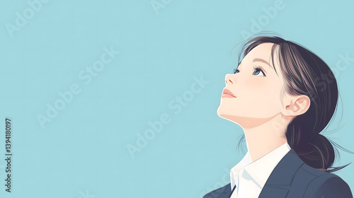 スーツを着て青空を見上げる若い女性、就職活動のコンセプト（生成AI画像）