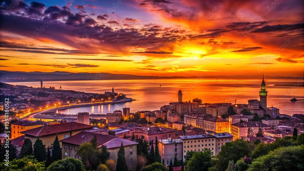 Obraz premium Sunset Hues Paint the Trieste Skyline A Captivating Silhouette of Friuli Venezia Giulia Italy