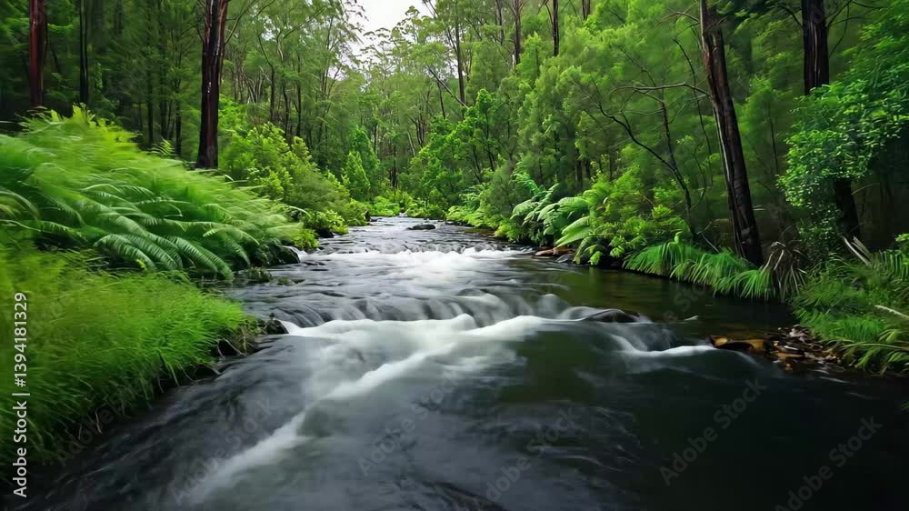 Flowing water of Franklin River surrounded by lush green forest in Tasmania, Franklin river flows in green forest of tasmanian wildlife nature Flowing water of Franklin River surrounded by lush green forest in Tasmania, Franklin river flows in green forest of tasmanian wildlife nature