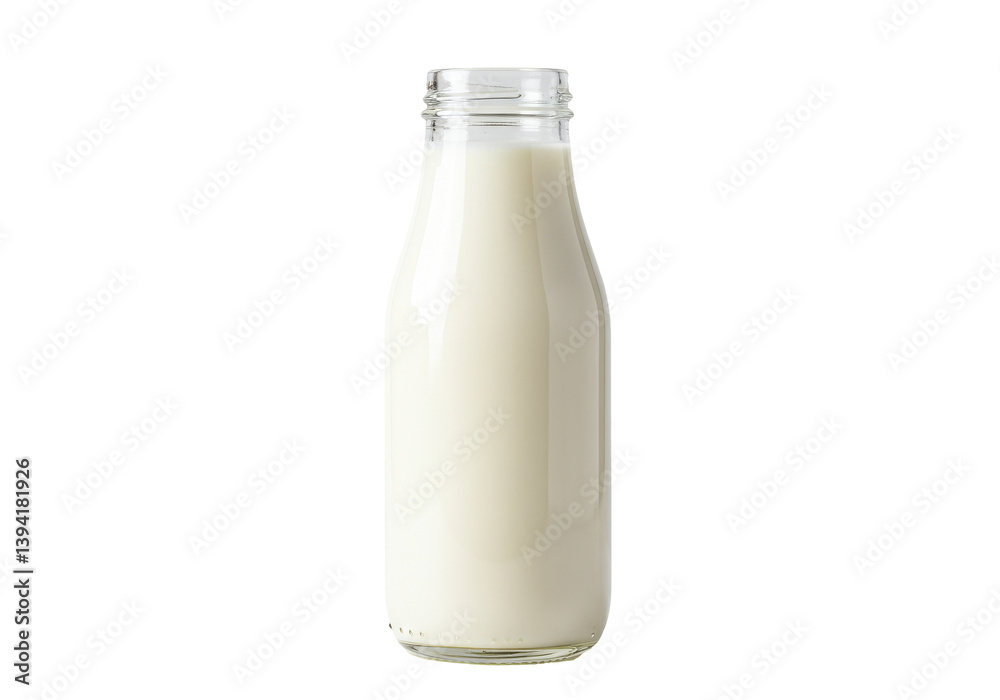 Glass bottle filled with fresh milk on a plain background, ideal for culinary use Glass bottle filled with fresh milk on a plain background, ideal for culinary use