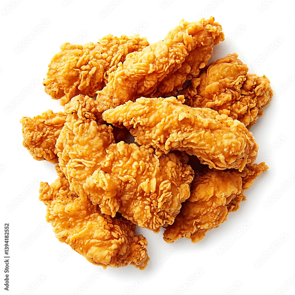 Golden and crispy chicken tenders with a perfectly fried exterior and juicy meat inside, isolated white background, modern art style Golden and crispy chicken tenders with a perfectly fried exterior and juicy meat inside, isolated white background, modern art style