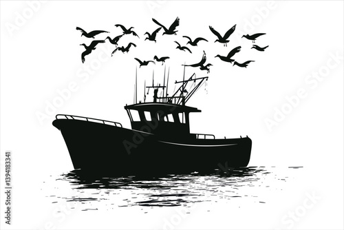 Fishing Boat and bird Silhouettes set