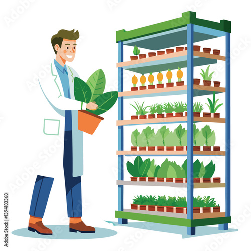 scientist-inspecting-vertical-farming-racks vector