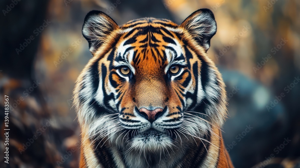 Fototapeta premium Majestic tiger portrait, autumn forest background, wildlife conservation