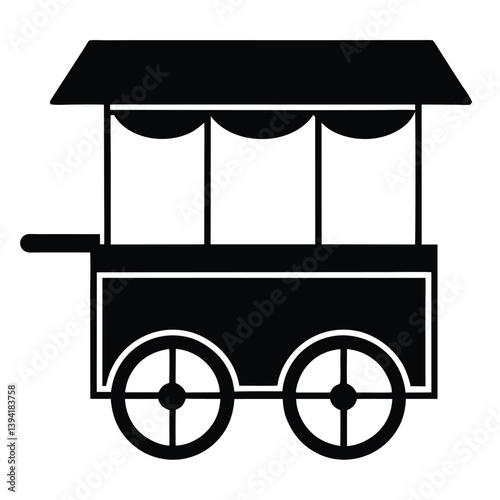 Black And White Illustration Of Vintage Food Cart With Wheels Icon Design.