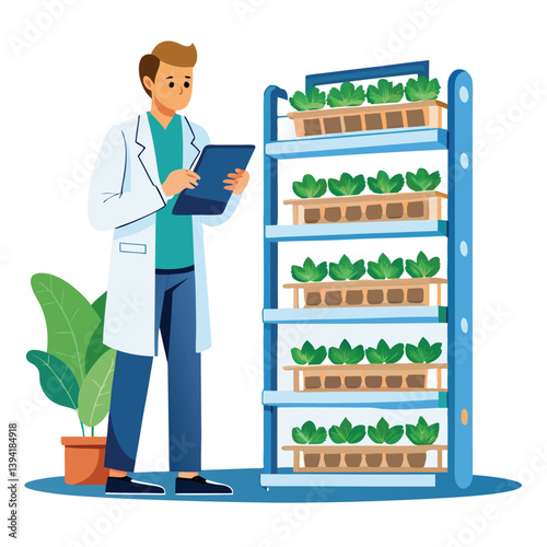 scientist-inspecting-vertical-farming-racks vector