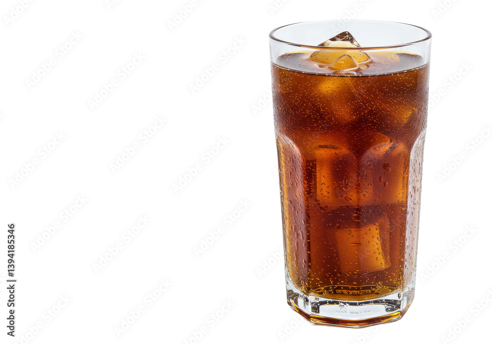 Refreshing glass of cola with ice cubes on a clean surface, perfect for summer Refreshing glass of cola with ice cubes on a clean surface, perfect for summer
