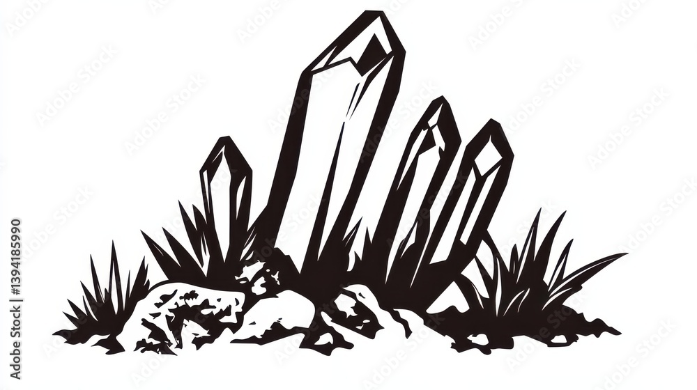Fototapeta premium Black and White Illustration of Crystals and Rocks Surrounded by Grass in Minimalist Style