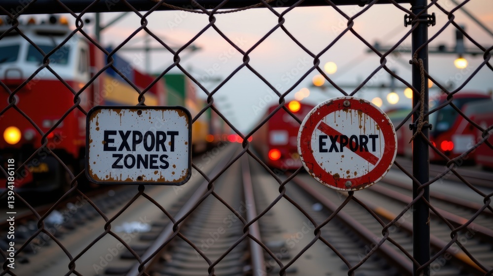 Fenced railway tracks with export signage and blurred trains in the background at dusk. Fenced railway tracks with export signage and blurred trains in the background at dusk.