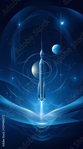 Glowing digital rocket illustration soaring through a stylized blue space background for Cosmonautics Day