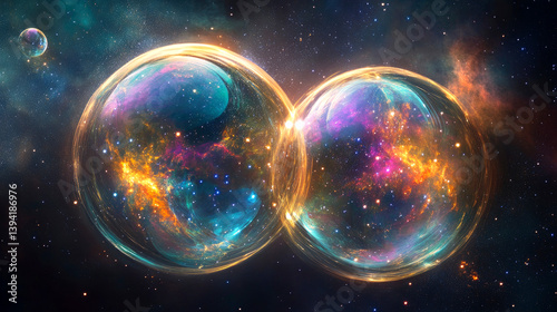  Enormous overlapping bubbles floating in cosmic expanse, galaxy visualization with stardust backdrop.