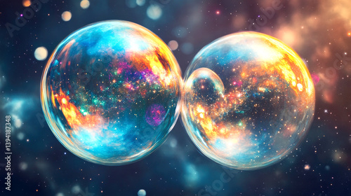 Enormous overlapping bubbles floating in cosmic expanse, galaxy visualization with stardust backdrop.