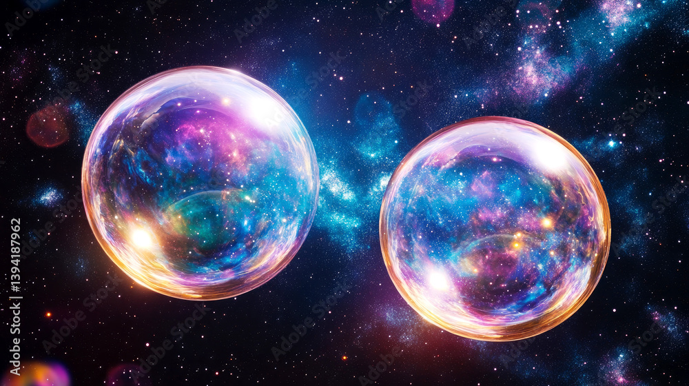 Fototapeta premium Enormous overlapping bubbles floating in cosmic expanse, galaxy visualization with stardust backdrop.
