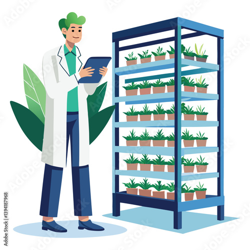 scientist-inspecting-vertical-farming-racks vector