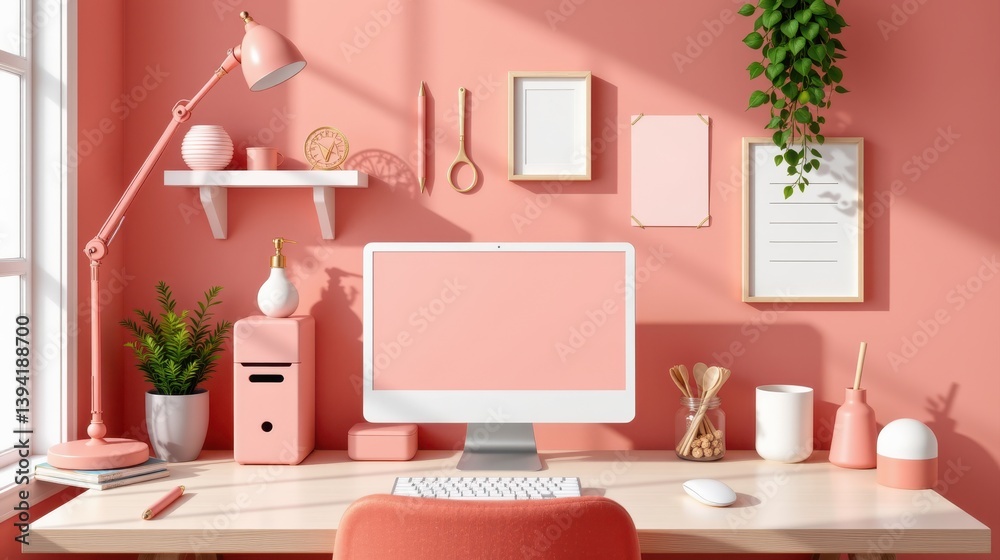 Fototapeta premium Modern workspace with pastel decor and organized accessories, creating a serene atmosphere.