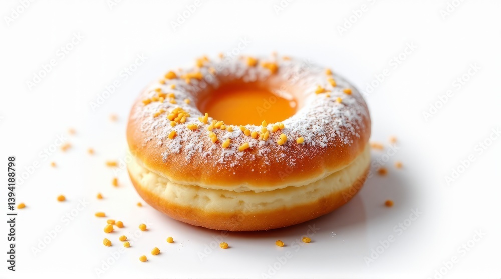 Powdered Sugar Donut with Dripping Apricot Glaze and Orange Sprinkles Sweet Powdered Sugar Donut with Dripping Apricot Glaze and Orange Sprinkles Sweet