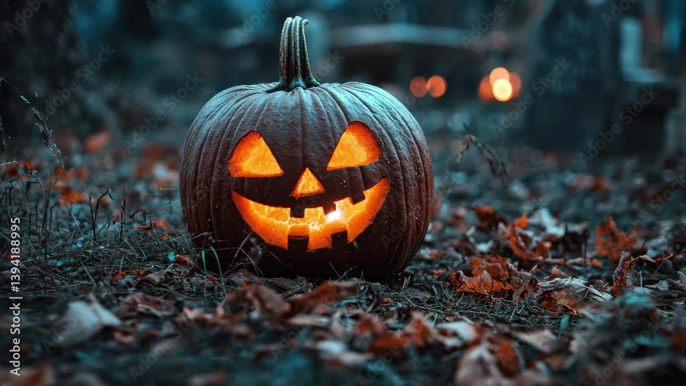 Spooky Halloween pumpkin glowing in a dark graveyard with fallen leaves at night, A spooky Halloween pumpkin in the nighttime graveyard of an abandoned fairytale forest in autumn Spooky Halloween pumpkin glowing in a dark graveyard with fallen leaves at night, A spooky Halloween pumpkin in the nighttime graveyard of an abandoned fairytale forest in autumn