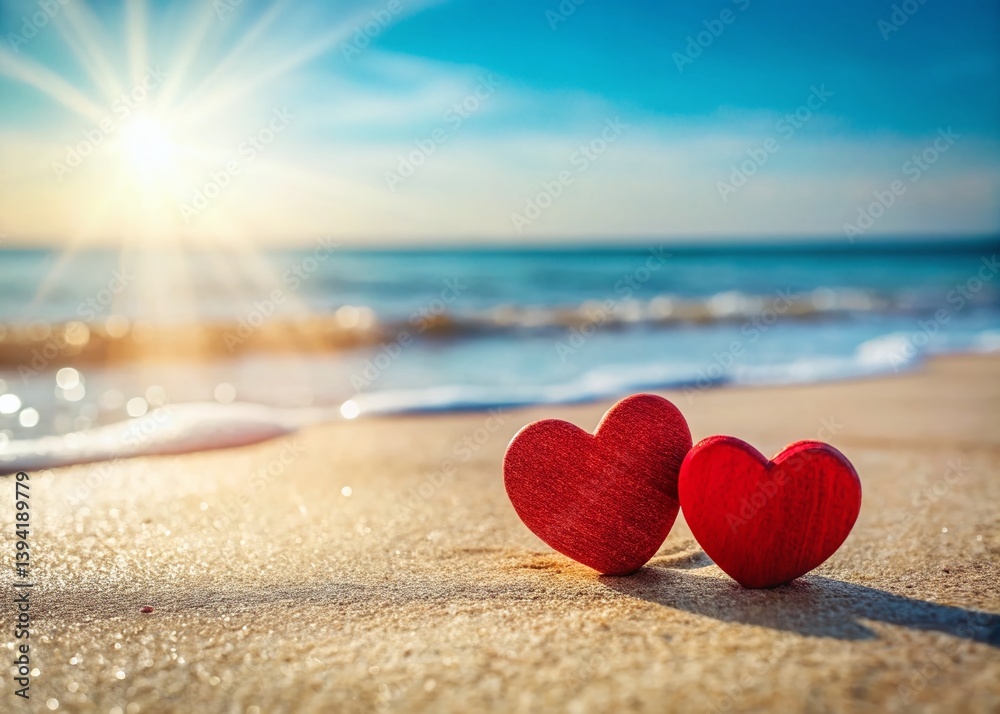 Romantic Summer on the Beach Two Red Wooden Hearts on Sandy Shores A Touching Symbol of Love and Romantic Summer on the Beach Two Red Wooden Hearts on Sandy Shores A Touching Symbol of Love and