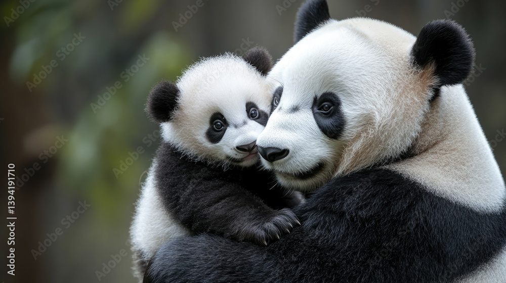 Obraz premium Giant panda mother and cub embrace in natural habitat. Mother's Day, Mothering Sunday, Dia de la Madre - Global Maternal Celebration, Worldwide Family Holiday