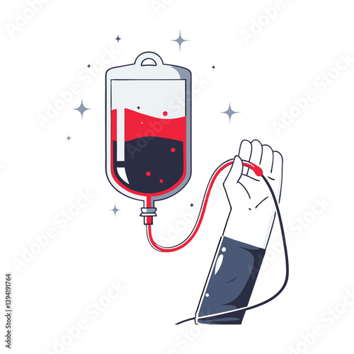 Vector illustration of a blood donation with a connected arm and IV bag, symbolizing healthcare, generosity, and medical support.