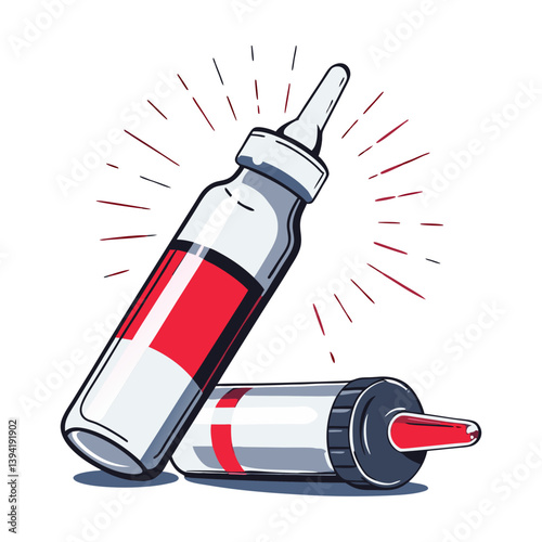 Vector illustration of two nasal spray bottles with red labels and burst lines, representing medical relief, treatment, and healthcare solutions.