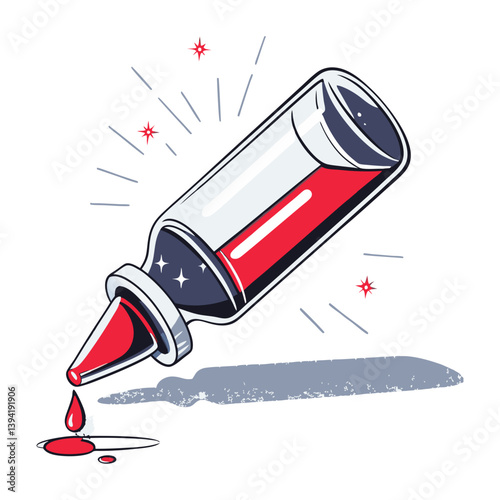 Vector illustration of a dropper bottle releasing red liquid with dynamic sparkles, symbolizing precise dosage, treatment, and pharmaceutical care.