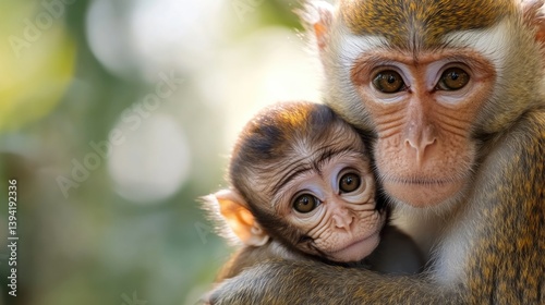 Tender moment between mother and baby monkey in sunlit forest. Mother's Day, Mothering Sunday, Dia de la Madre - Global Maternal Celebration, Worldwide Family Holiday
