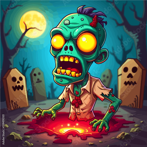 Cartoon Zombie Climbing Out of Grave in Spooky Cemetery Scene