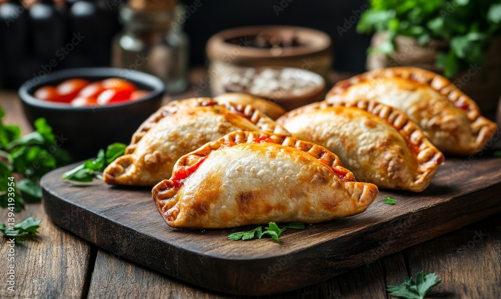 Freshly baked empanadas filled with meat and vegetables, on wooden board, surrounded by spices and herbs. Freshly baked empanadas filled with meat and vegetables, on wooden board, surrounded by spices and herbs.