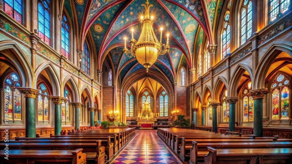 Obraz premium Beautiful Gothic Church Interior with Colorful Stained Glass Windows